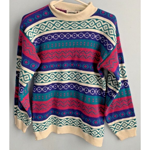 Retro Separate Scene Knit L. Sleeve Sweater Fair Isle Multicolour Size Small - Picture 3 of 6